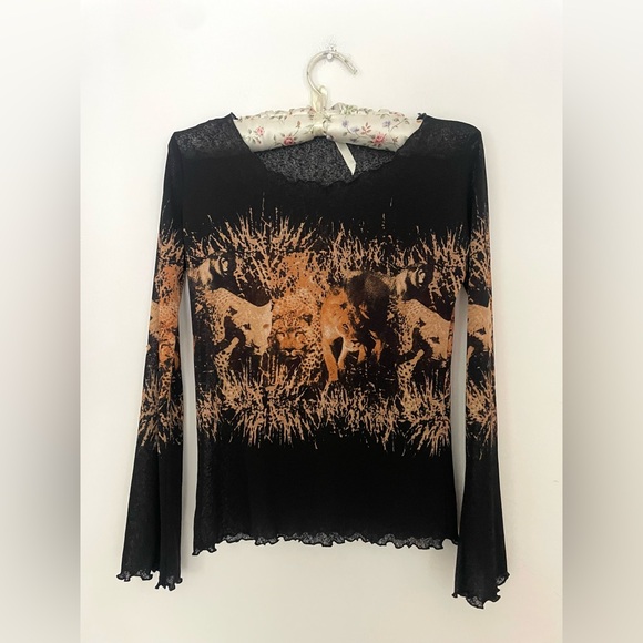 Sheer Mesh Lion Print Top  tiger Y2K Grunge Long Sleeve - Picture 2 of 5